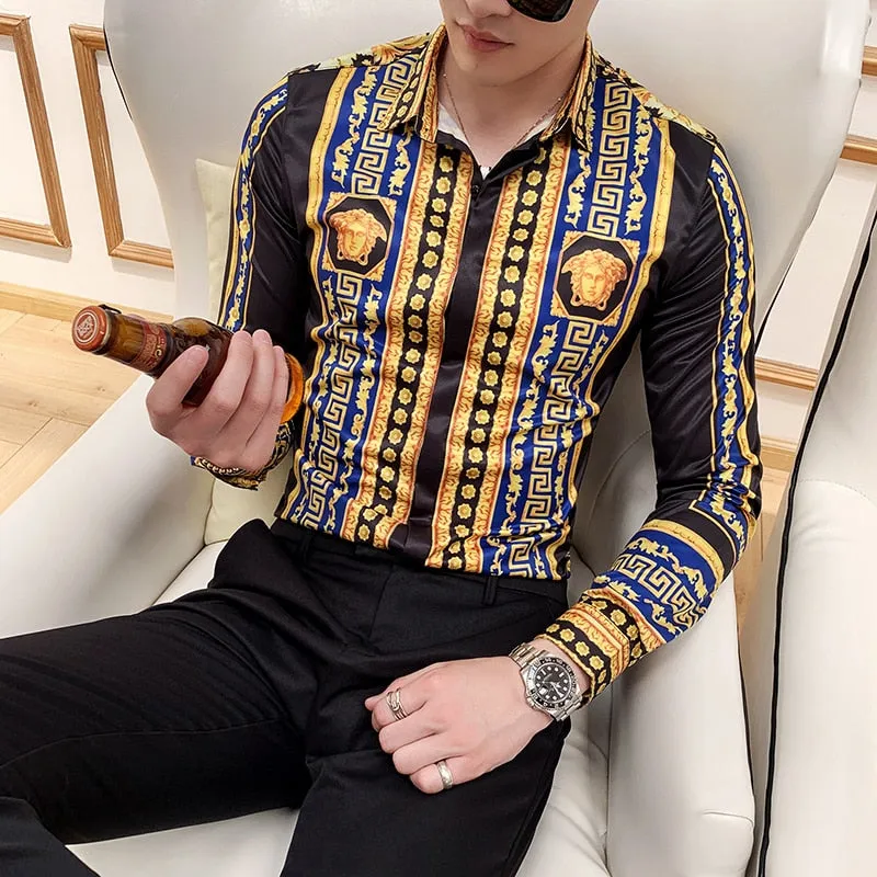 Two Gold Tile Flower Style Men Long Sleeve Shirt