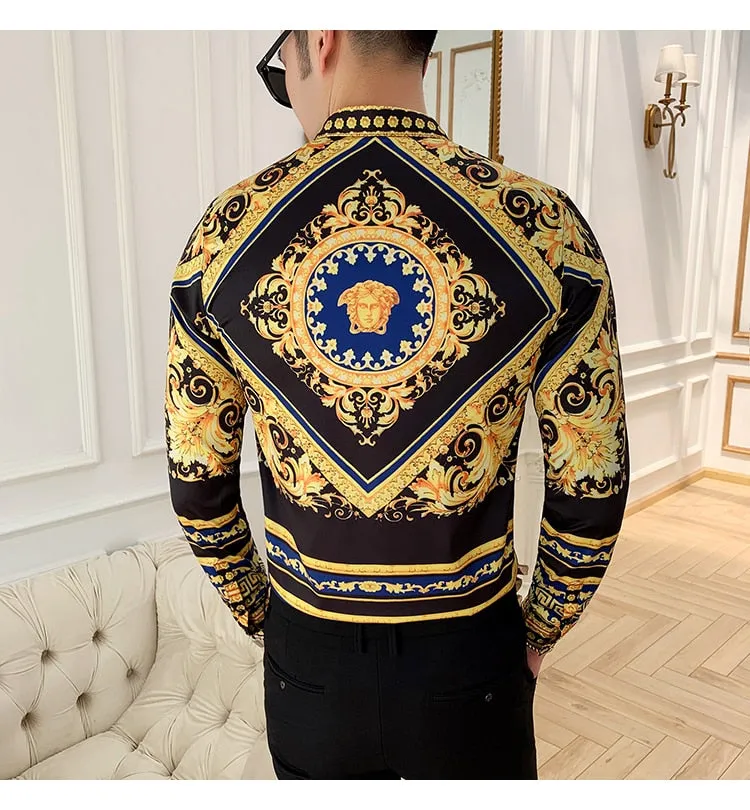 Two Gold Tile Flower Style Men Long Sleeve Shirt
