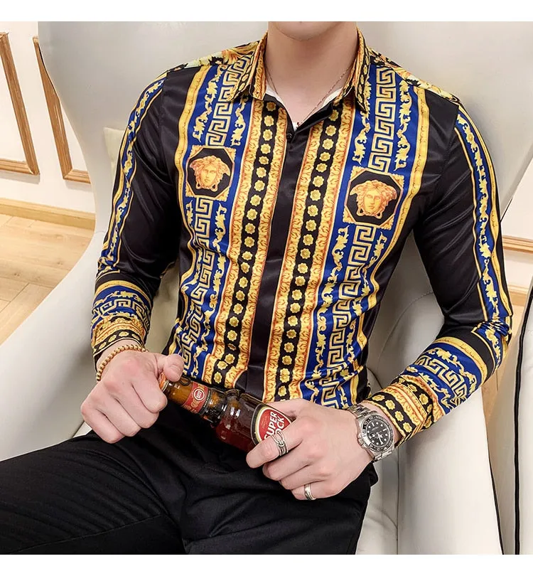 Two Gold Tile Flower Style Men Long Sleeve Shirt