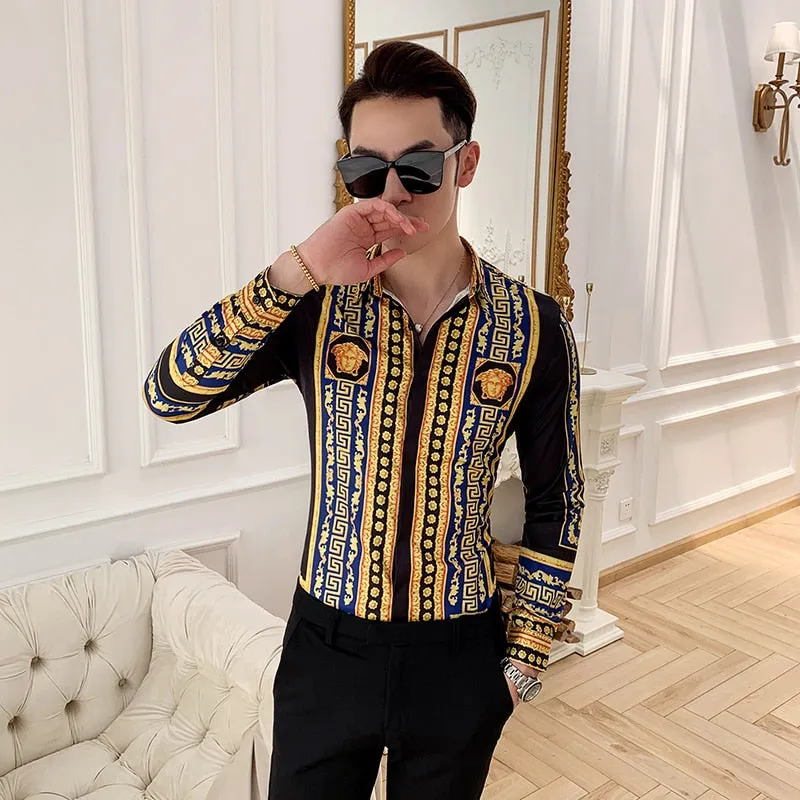 Two Gold Tile Flower Style Men Long Sleeve Shirt