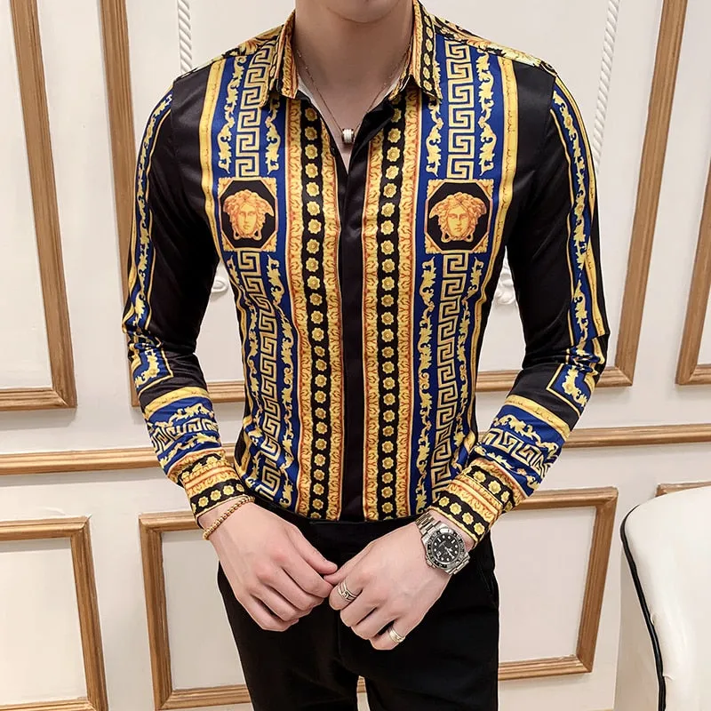Two Gold Tile Flower Style Men Long Sleeve Shirt