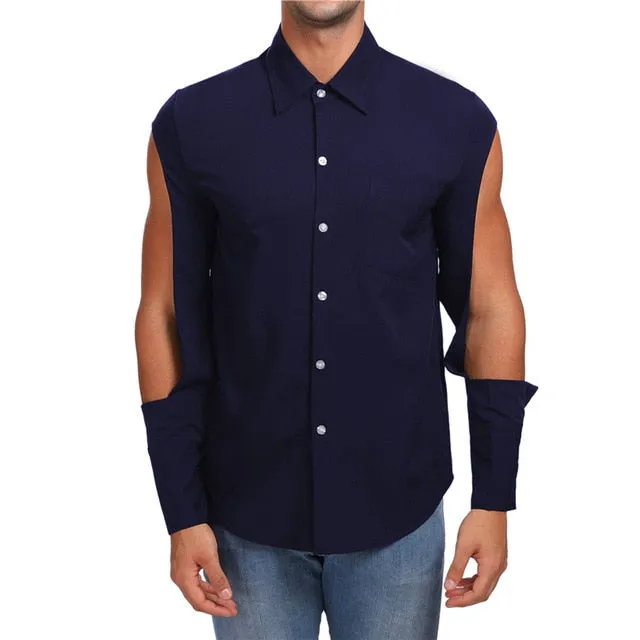 Upper Sleeves Cut Out Hip Hop Style Men Shirt