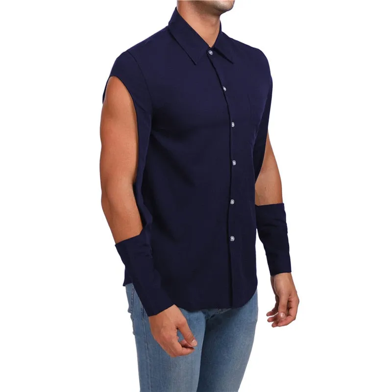 Upper Sleeves Cut Out Hip Hop Style Men Shirt