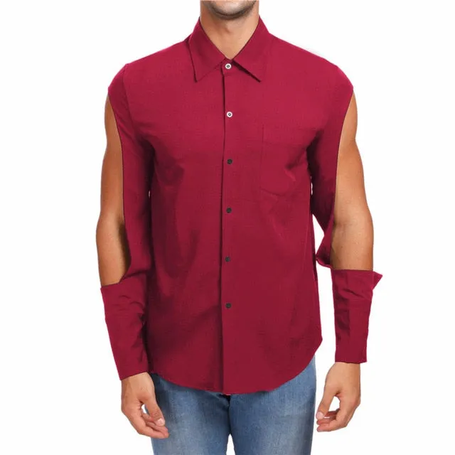 Upper Sleeves Cut Out Hip Hop Style Men Shirt