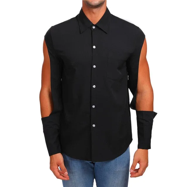 Upper Sleeves Cut Out Hip Hop Style Men Shirt