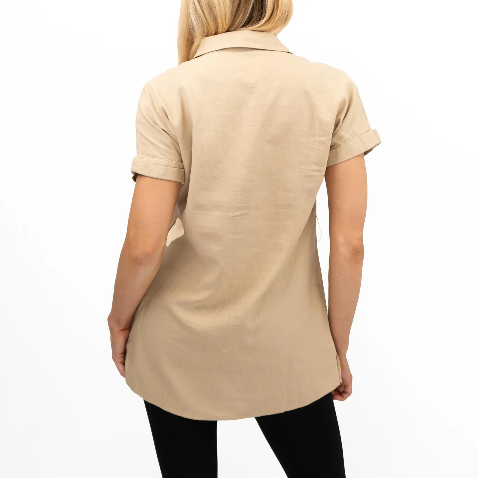 Womens Linen Tunic Beige Short Sleeve Shirts