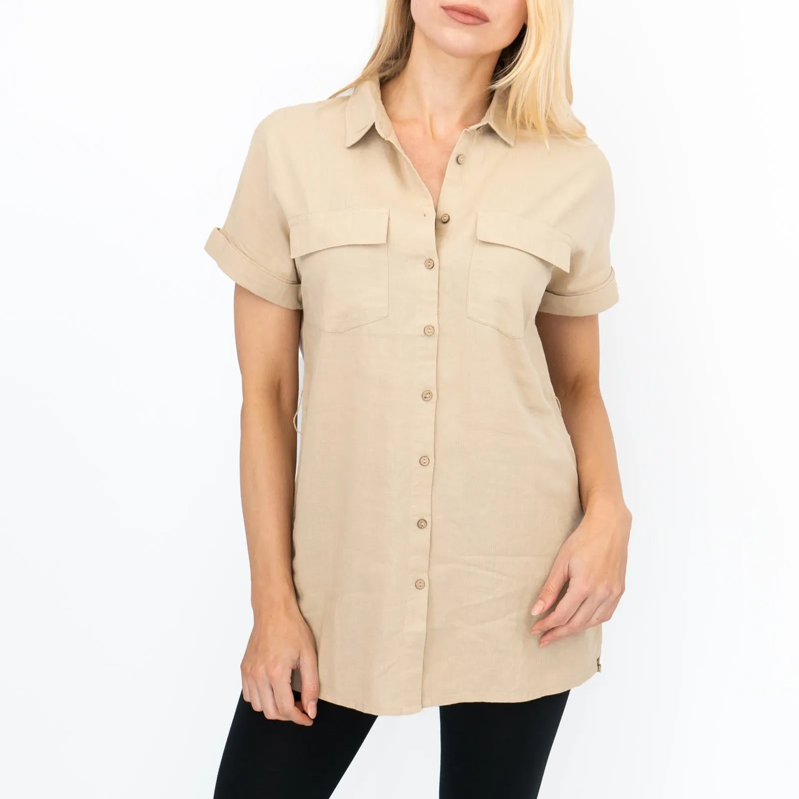 Womens Linen Tunic Beige Short Sleeve Shirts