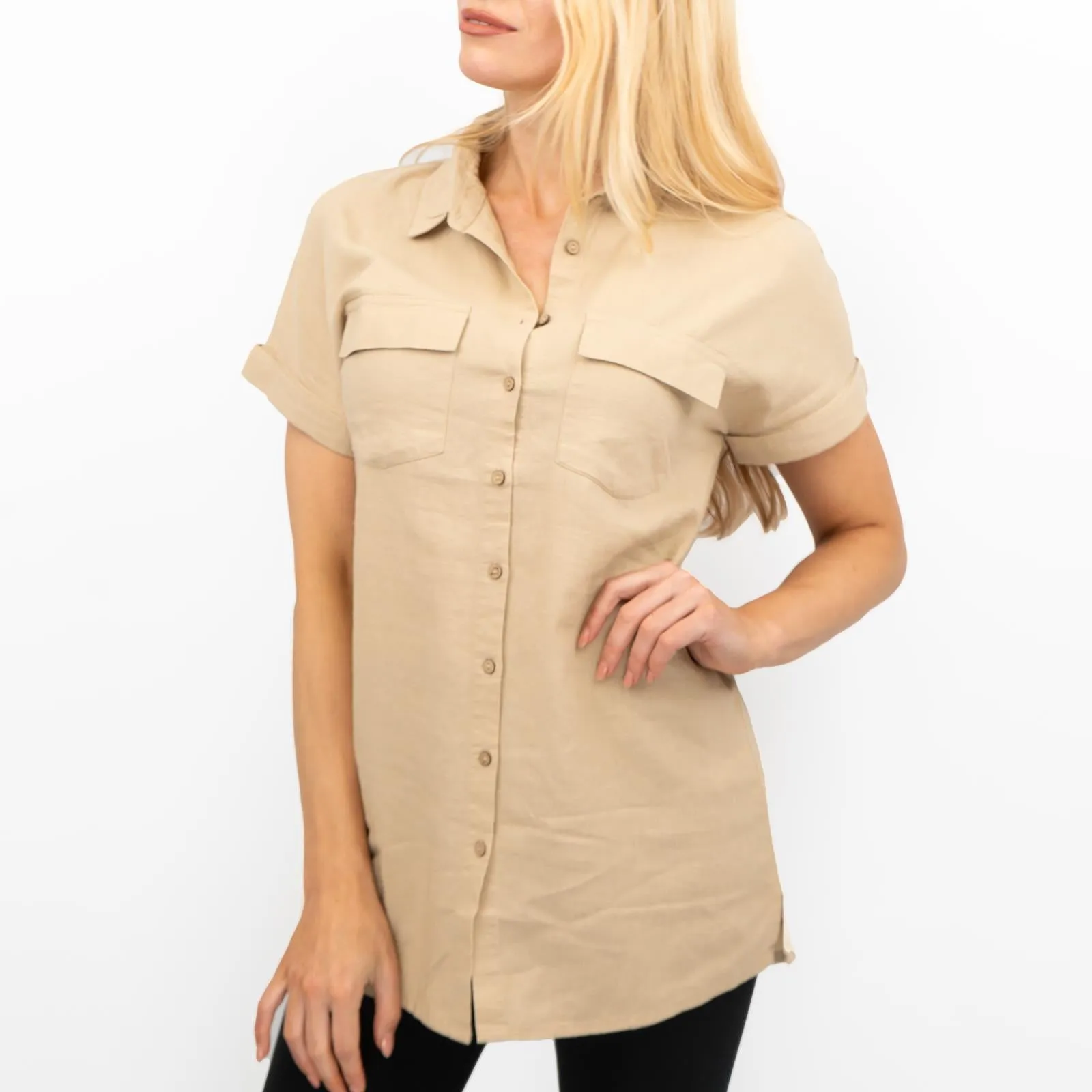 Womens Linen Tunic Beige Short Sleeve Shirts