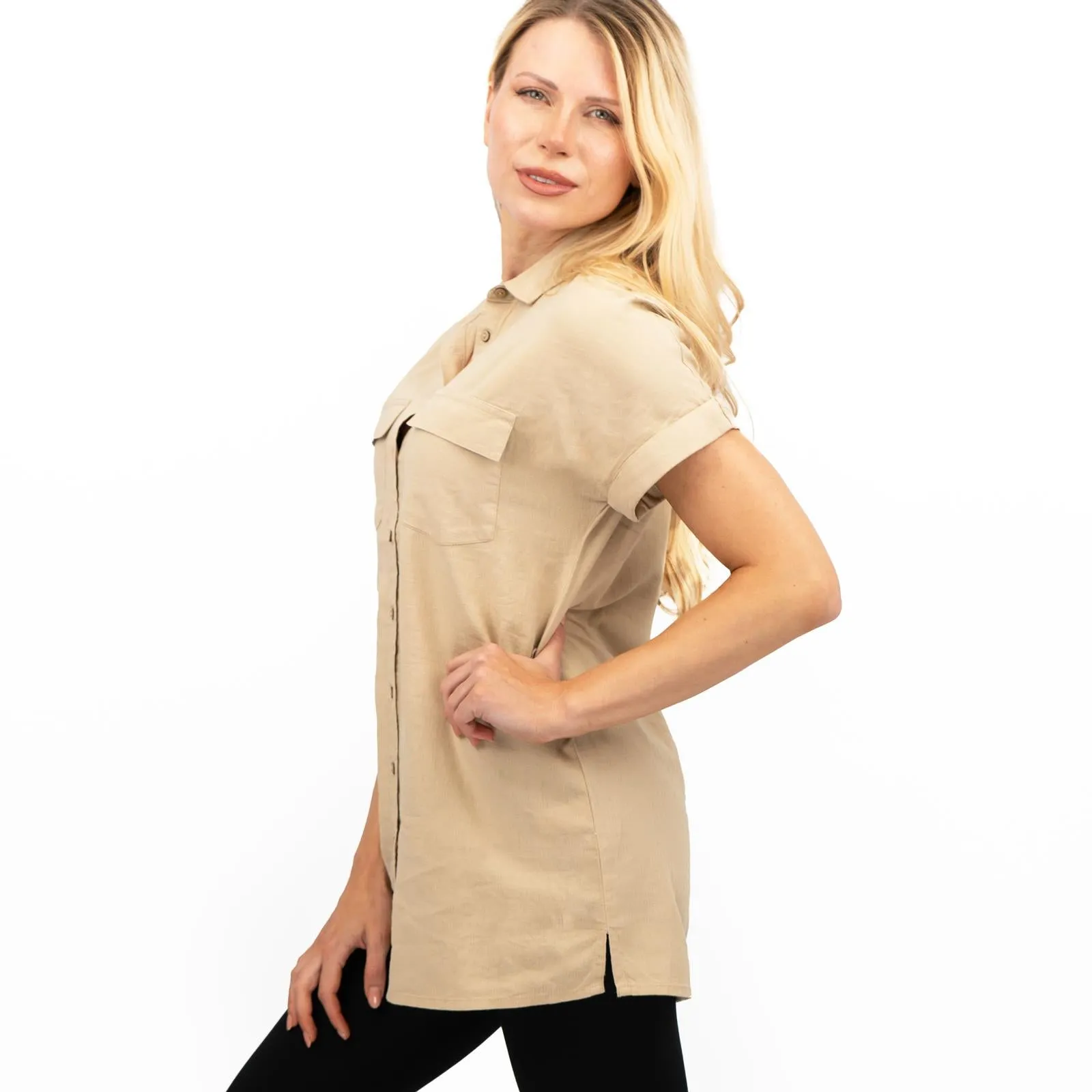 Womens Linen Tunic Beige Short Sleeve Shirts