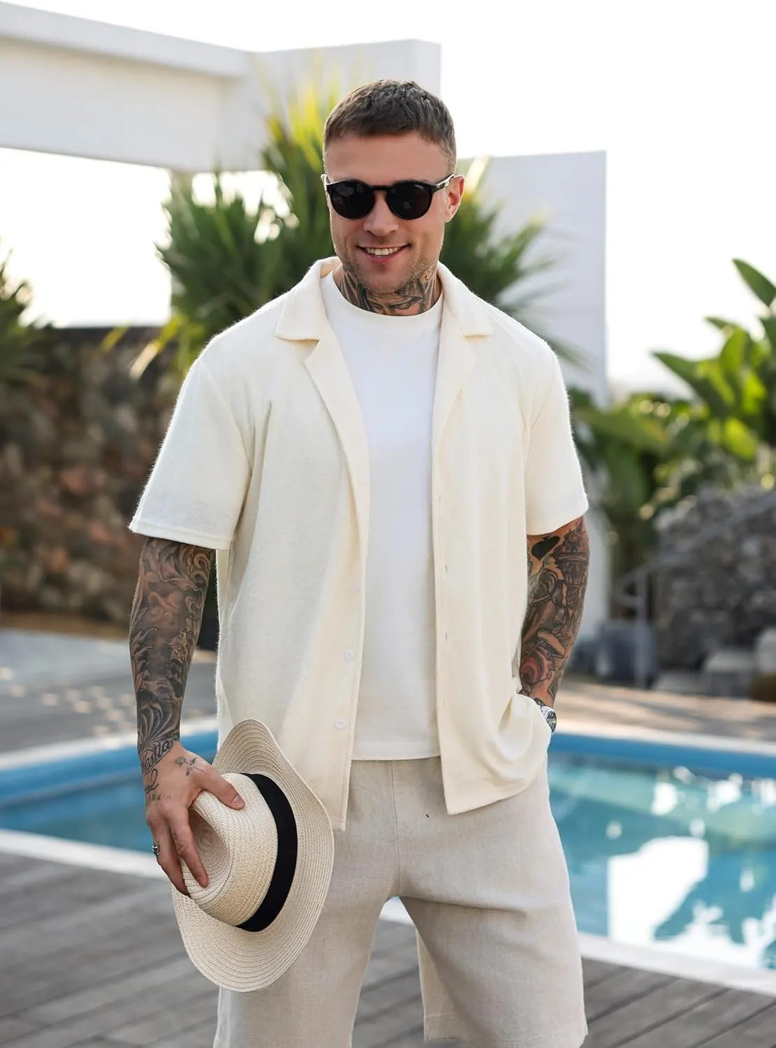 ZAFUL Casual Short Sleeve Button Down Shirts for Men Summer Textured Cuban Lapel Collar Solid Color Lightweight Beach Shirt